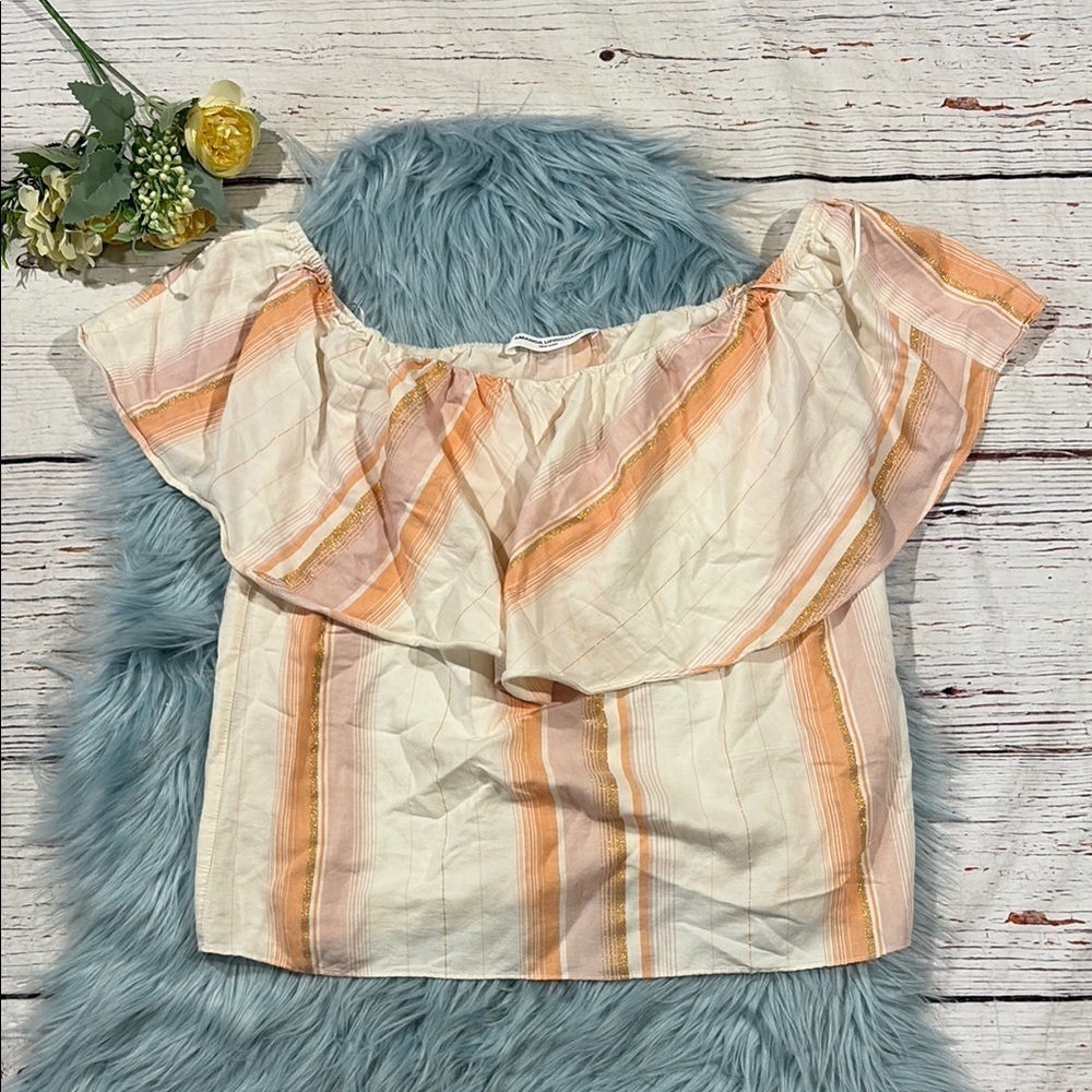 Amanda Uprichard Orange Metallic Striped Ruffle Off Shoulder Blouse